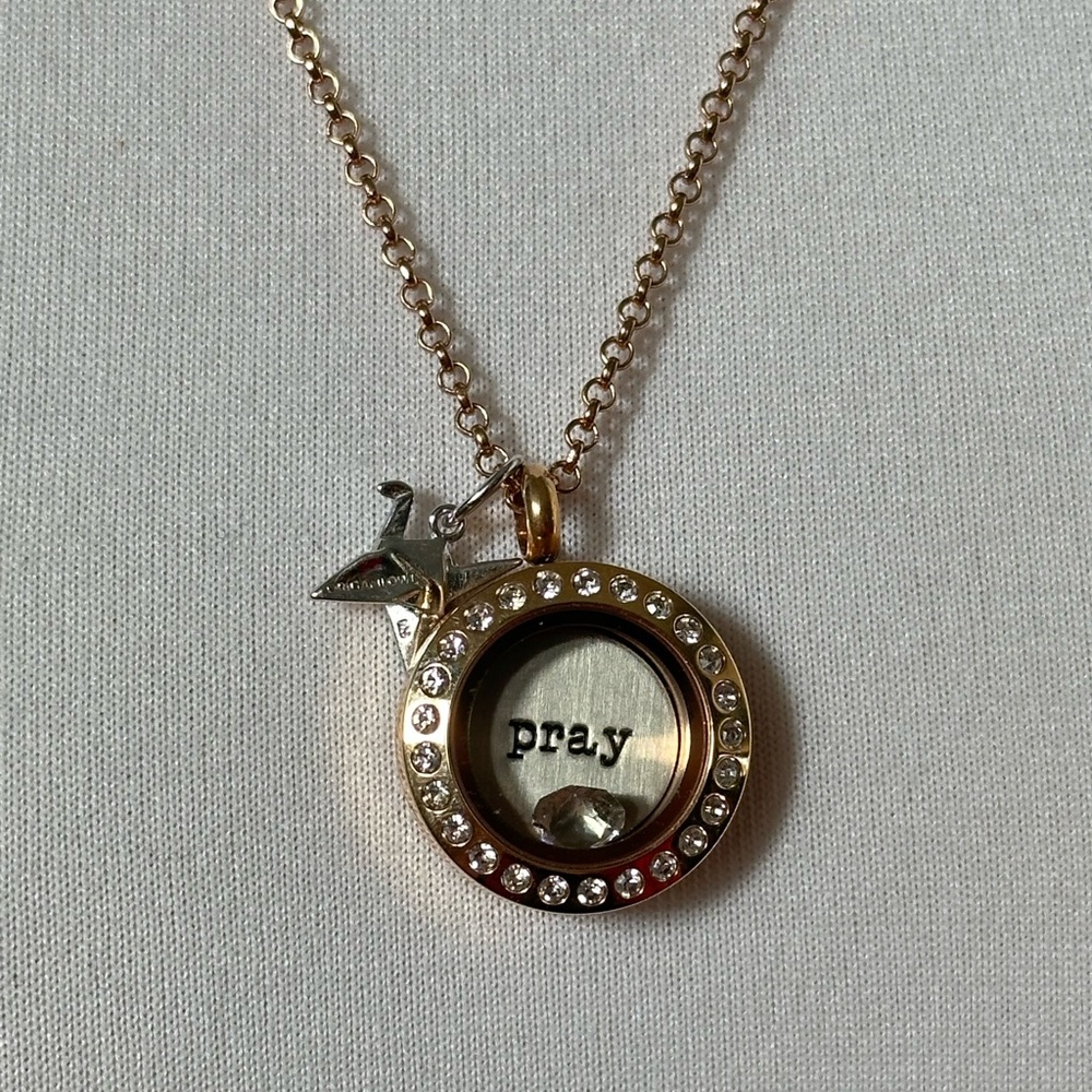 Origami Owl Rose Gold ‘Pray’ Crystal Locket Necklace Religious Origami Crane